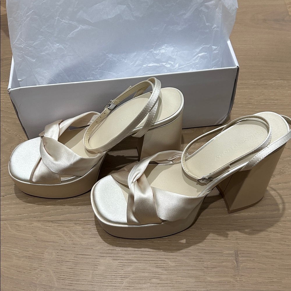 Princess Polly Cream Satin Platform Heels